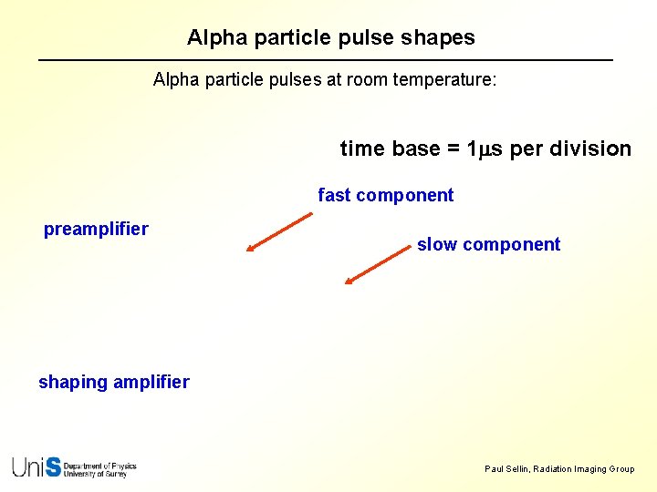 Alpha particle pulse shapes Alpha particle pulses at room temperature: time base = 1