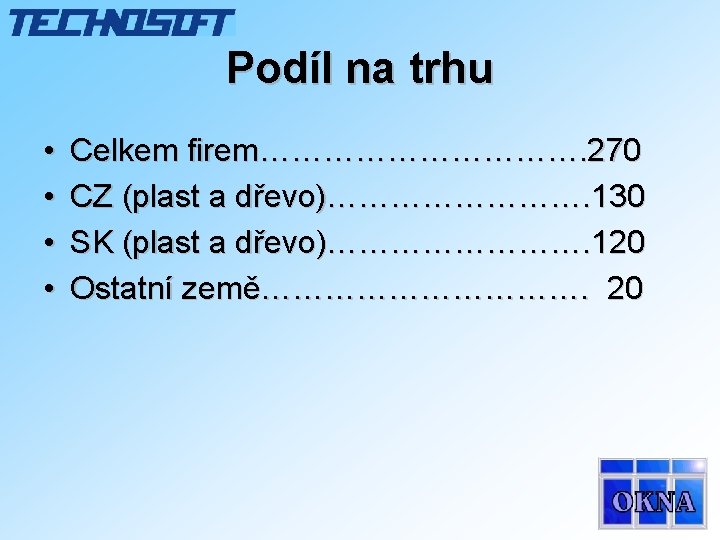 Podíl na trhu • • Celkem firem……………. 270 CZ (plast a dřevo)…………. 130 SK Podíl na trhu • • Celkem firem……………. 270 CZ (plast a dřevo)…………. 130 SK