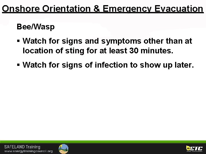Onshore Orientation & Emergency Evacuation Bee/Wasp § Watch for signs and symptoms other than