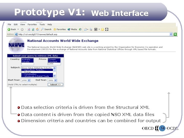 Prototype V 1: Web Interface Data selection criteria is driven from the Structural XML