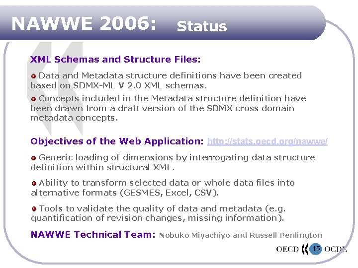 NAWWE 2006: Status XML Schemas and Structure Files: Data and Metadata structure definitions have