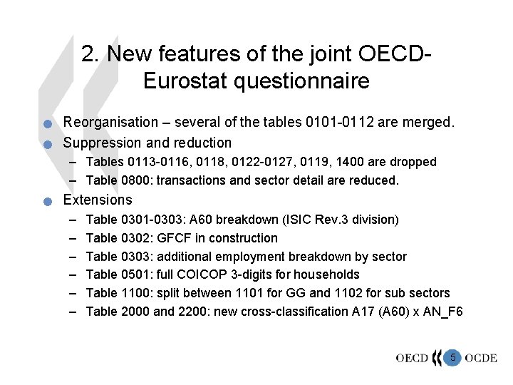 2. New features of the joint OECDEurostat questionnaire n n Reorganisation – several of