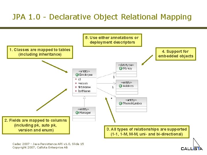 JPA 1. 0 - Declarative Object Relational Mapping 5. Use either annotations or deployment