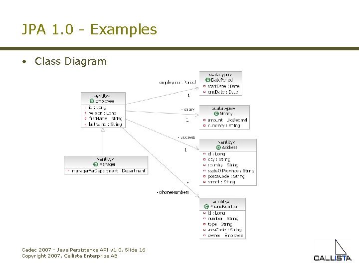 JPA 1. 0 - Examples • Class Diagram Cadec 2007 - Java Persistence API
