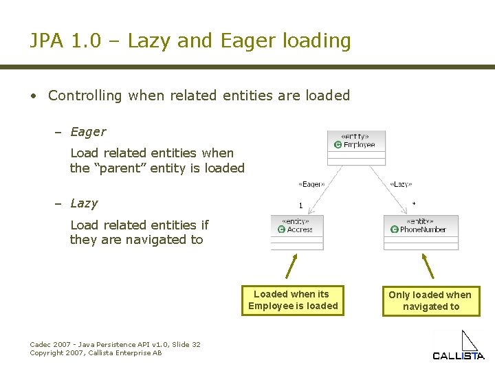 JPA 1. 0 – Lazy and Eager loading • Controlling when related entities are