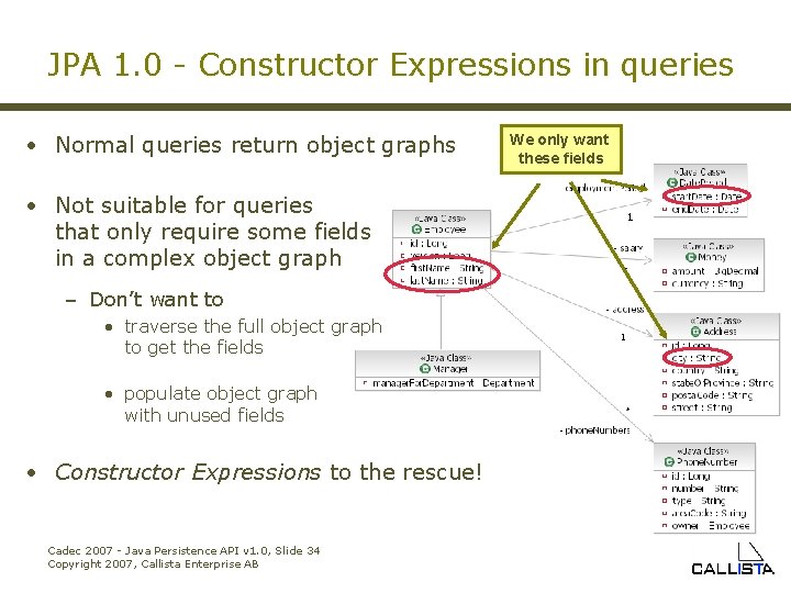 JPA 1. 0 - Constructor Expressions in queries • Normal queries return object graphs