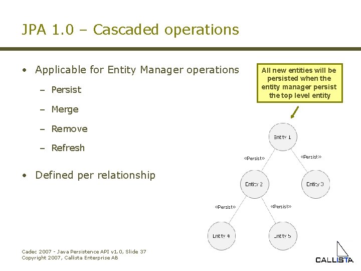 JPA 1. 0 – Cascaded operations • Applicable for Entity Manager operations – Persist