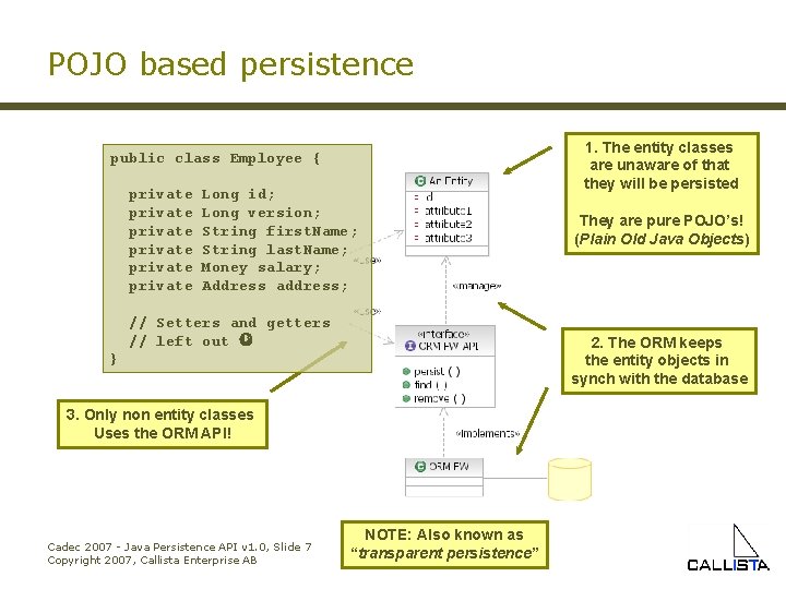 POJO based persistence public class Employee { private private Long id; Long version; String