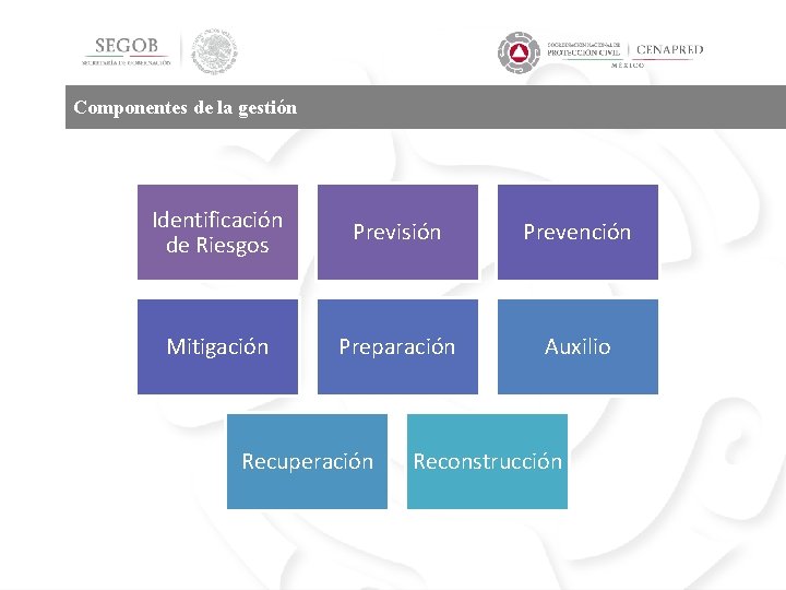 Componentes de la gestión Identificación de Riesgos Previsión Prevención Mitigación Preparación Auxilio Recuperación Reconstrucción