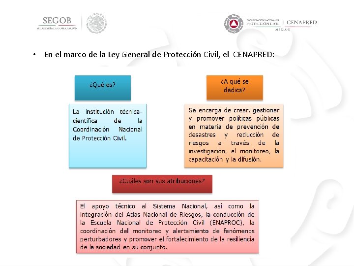  • En el marco de la Ley General de Protección Civil, el CENAPRED: