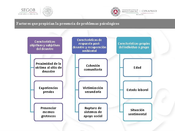 Factores que propician la presencia de problemas psicológicos Características objetivas y subjetivas del desastre