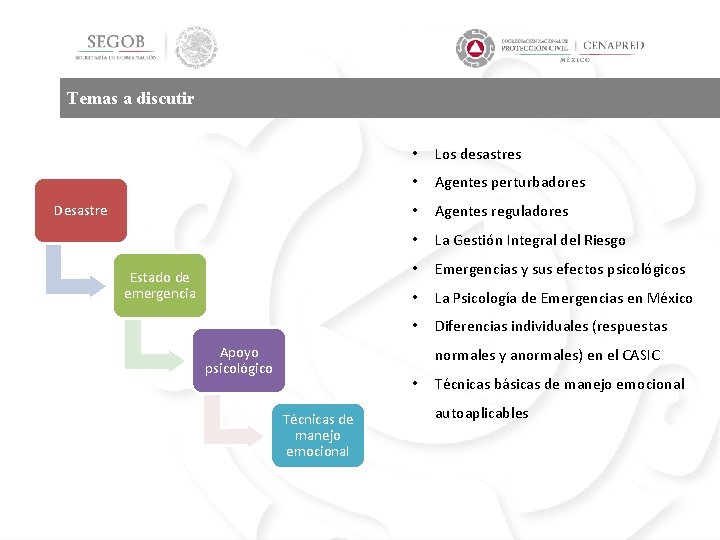 Temas a discutir Desastre Estado de emergencia Apoyo psicológico • Los desastres • Agentes