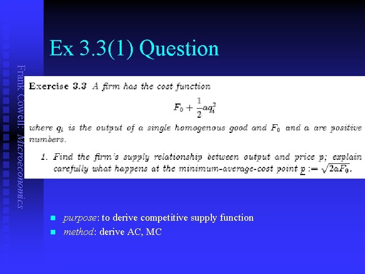 Ex 3. 3(1) Question Frank Cowell: Microeconomics n n purpose: to derive competitive supply