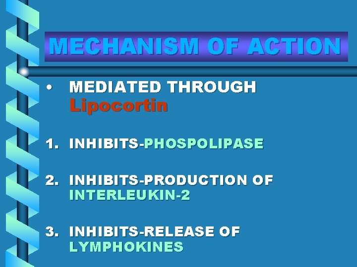 MECHANISM OF ACTION • MEDIATED THROUGH Lipocortin 1. INHIBITS-PHOSPOLIPASE 2. INHIBITS-PRODUCTION OF INTERLEUKIN-2 3.