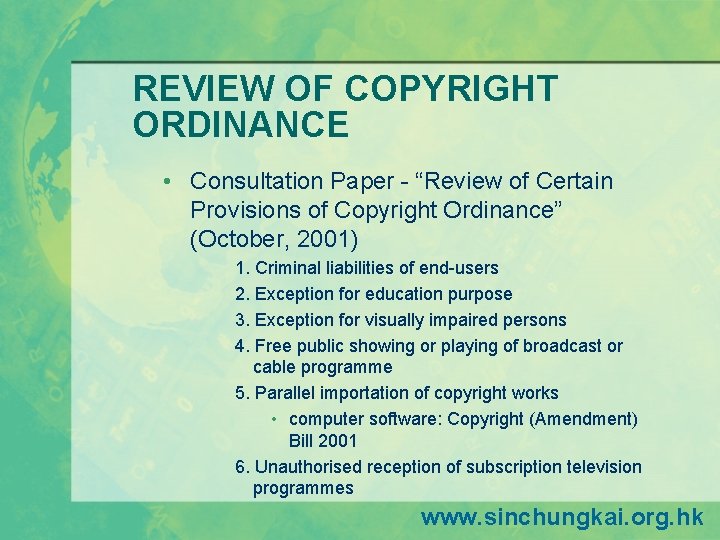 REVIEW OF COPYRIGHT ORDINANCE • Consultation Paper - “Review of Certain Provisions of Copyright REVIEW OF COPYRIGHT ORDINANCE • Consultation Paper - “Review of Certain Provisions of Copyright