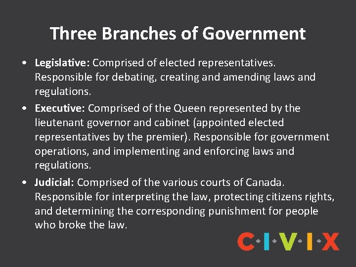 Three Branches of Government • Legislative: Comprised of elected representatives. Responsible for debating, creating