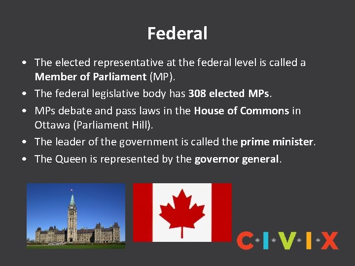 Federal • The elected representative at the federal level is called a Member of