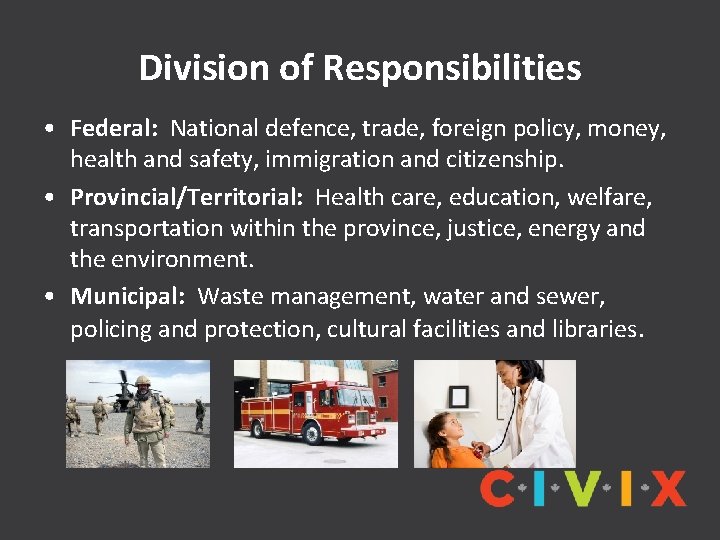 Division of Responsibilities • Federal: National defence, trade, foreign policy, money, health and safety,