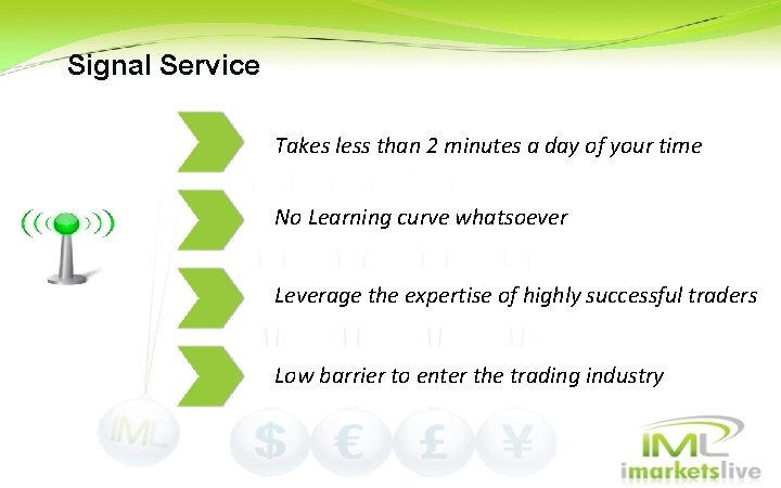 Signal Service Takes less than 2 minutes a day of your time No Learning Signal Service Takes less than 2 minutes a day of your time No Learning