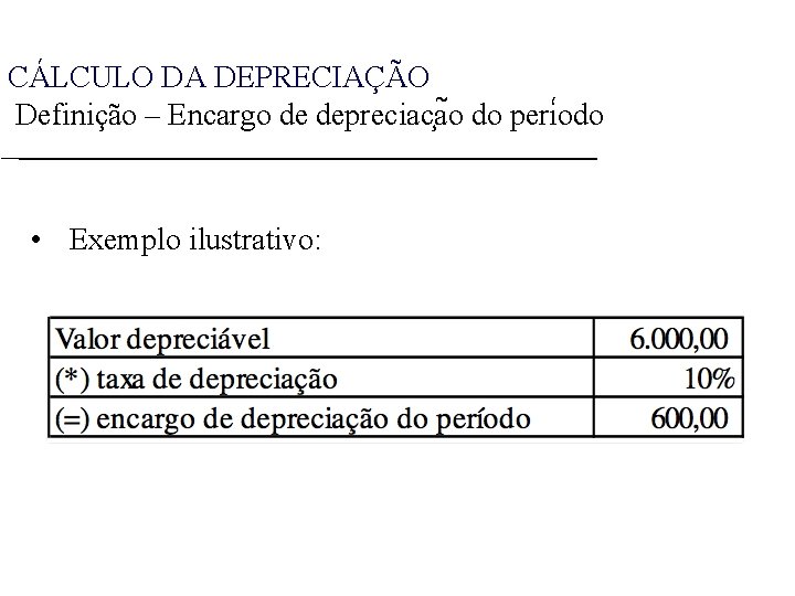 CÁLCULO DA DEPRECIAÇÃO Definição – Encargo de depreciac a o do peri odo •