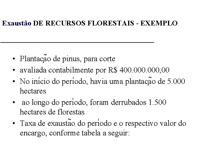 Exaustão DE RECURSOS FLORESTAIS - EXEMPLO • Plantac a o de pinus, para corte