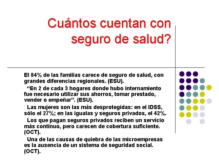 Cuántos cuentan con seguro de salud? El 84% de las familias carece de seguro