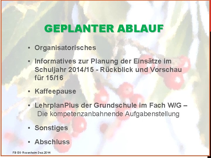 GEPLANTER ABLAUF • Organisatorisches • Informatives zur Planung der Einsätze im Schuljahr 2014/15 -