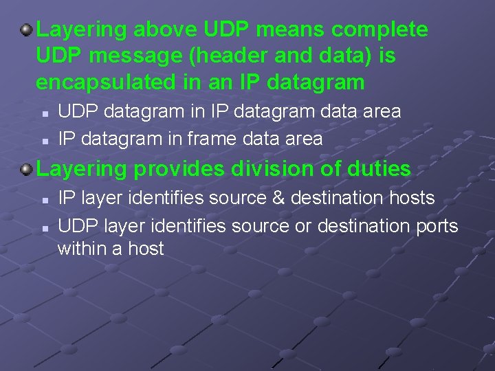 Layering above UDP means complete UDP message (header and data) is encapsulated in an