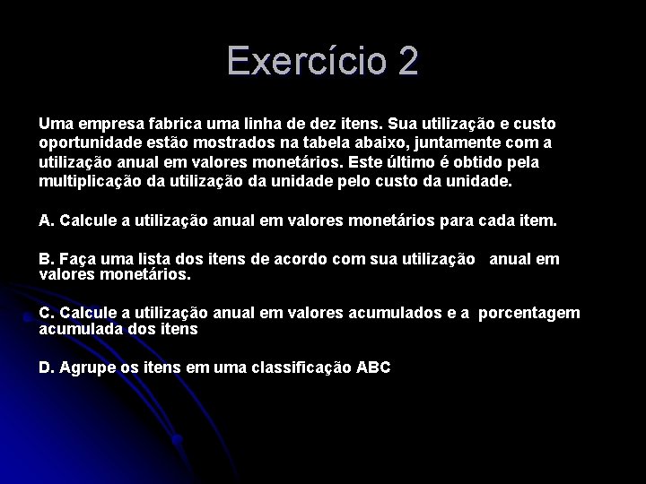 Exercício 2 Uma empresa fabrica uma linha de dez itens. Sua utilização e custo