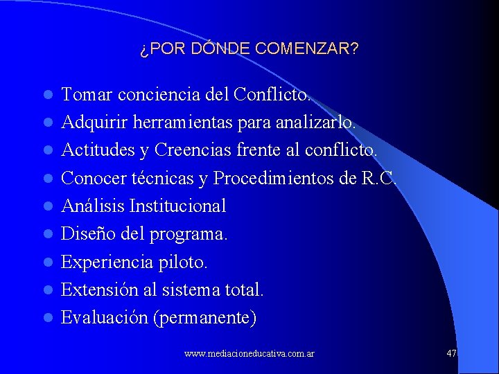 ¿POR DÓNDE COMENZAR? l l l l l Tomar conciencia del Conflicto. Adquirir herramientas