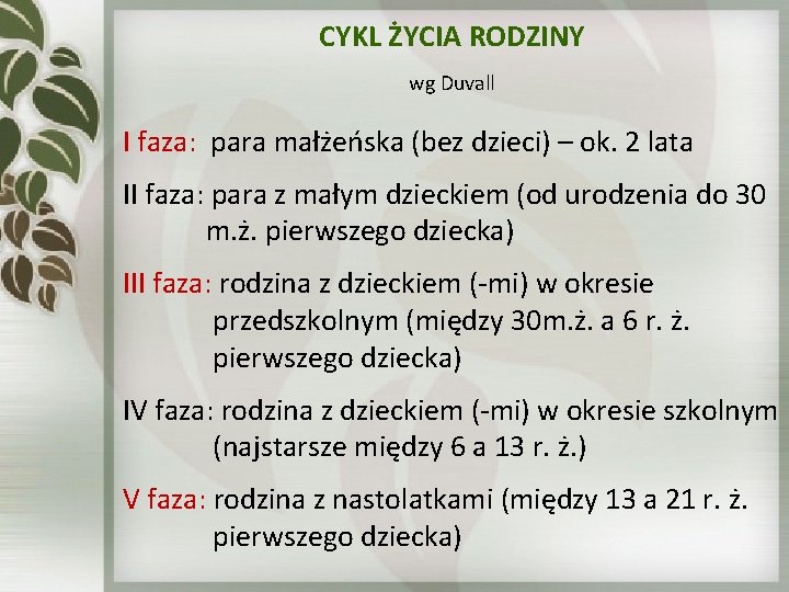CYKL ŻYCIA RODZINY wg Duvall I faza: para małżeńska (bez dzieci) – ok. 2 CYKL ŻYCIA RODZINY wg Duvall I faza: para małżeńska (bez dzieci) – ok. 2