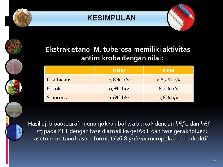 KESIMPULAN Ekstrak etanol M. tuberosa memiliki aktivitas antimikroba dengan nilai: KHM KBM C. albicans