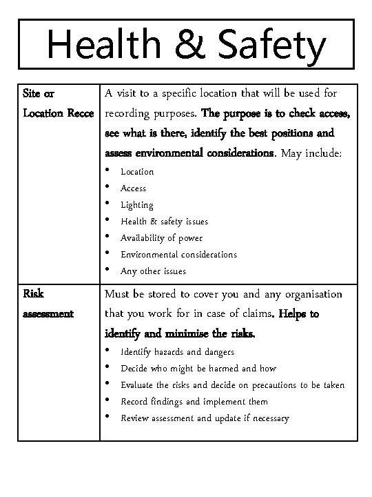 Health & Safety Site or A visit to a specific location that will be