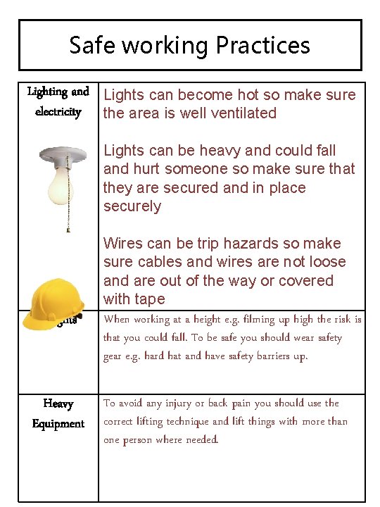 Safe working Practices Lighting and Lights can become hot so make sure electricity the