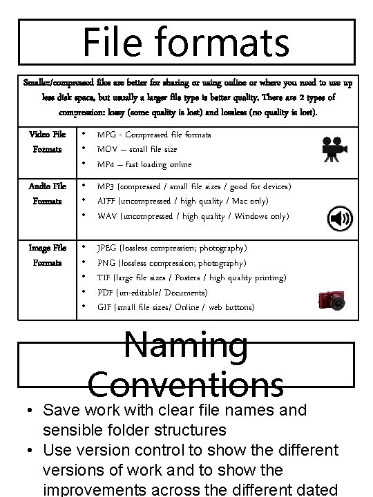 File formats Smaller/compressed files are better for sharing or using online or where you