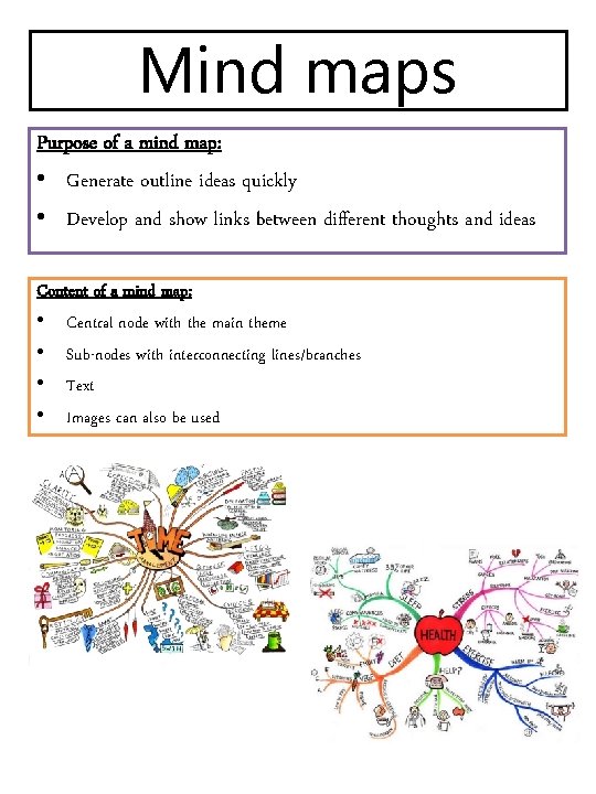 Mind maps Purpose of a mind map: • Generate outline ideas quickly • Develop