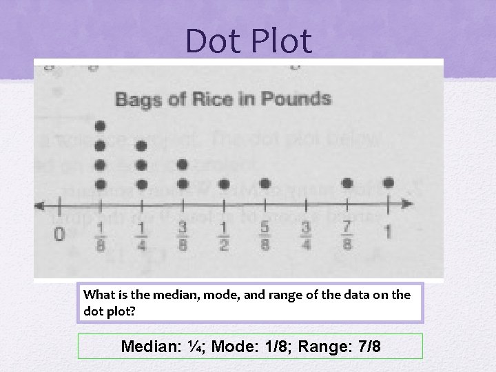 Dot Plot What is the median, mode, and range of the data on the