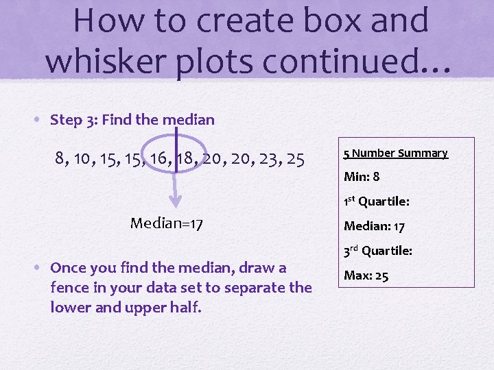 How to create box and whisker plots continued… • Step 3: Find the median