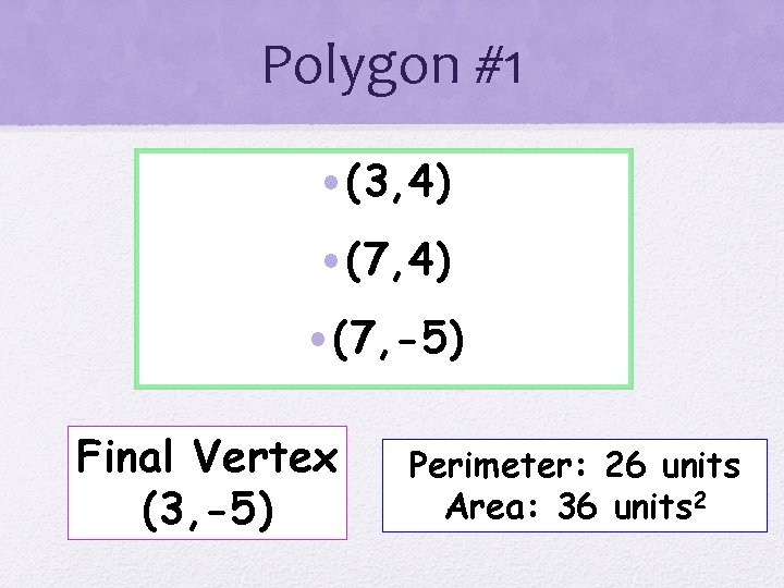 Polygon #1 • (3, 4) • (7, -5) Final Vertex (3, -5) Perimeter: 26
