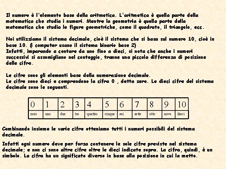 Il numero è l'elemento base della aritmetica. L'aritmetica è quella parte della matematica che