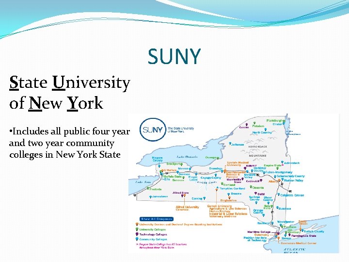 SUNY State University of New York • Includes all public four year and two