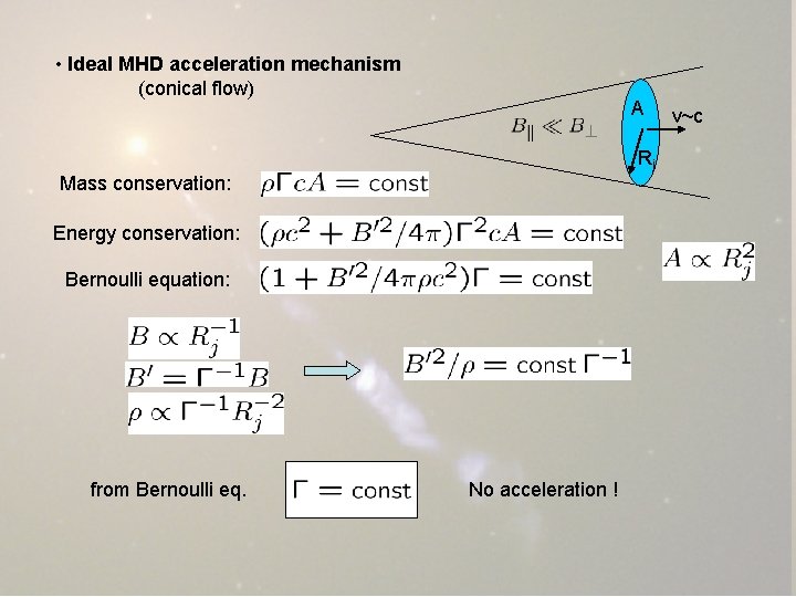  • Ideal MHD acceleration mechanism (conical flow) A Rj Mass conservation: Energy conservation: