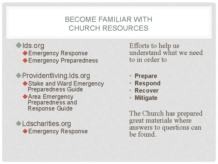 BECOME FAMILIAR WITH CHURCH RESOURCES ulds. org u. Emergency Response u. Emergency Preparedness u.