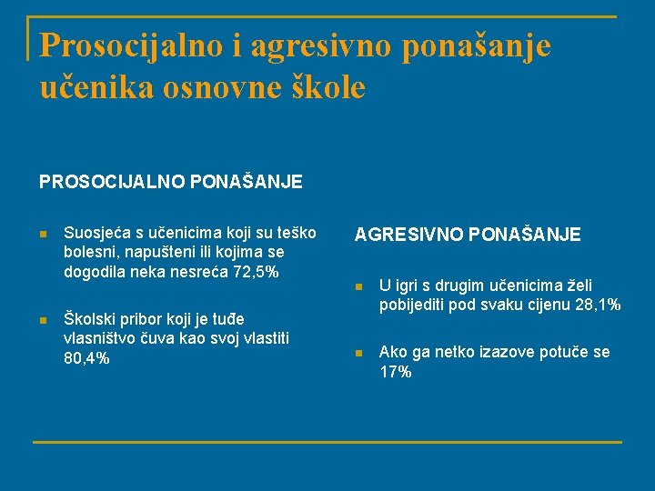 Prosocijalno i agresivno ponašanje učenika osnovne škole PROSOCIJALNO PONAŠANJE n n Suosjeća s učenicima