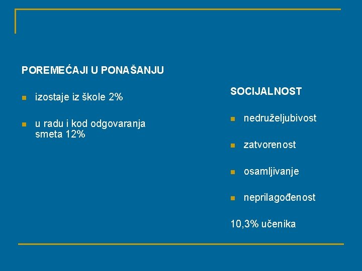 POREMEĆAJI U PONAŠANJU n izostaje iz škole 2% n u radu i kod odgovaranja