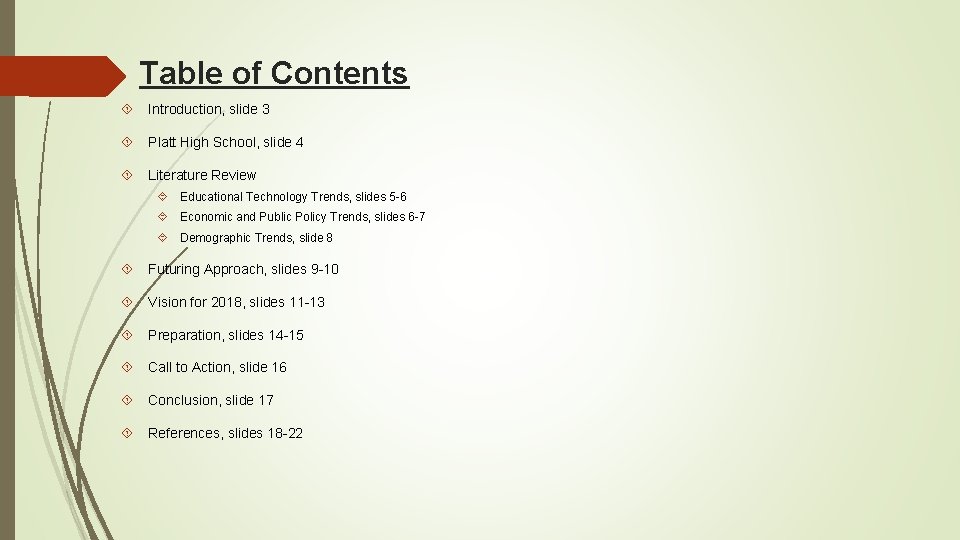 Table of Contents Introduction, slide 3 Platt High School, slide 4 Literature Review Educational