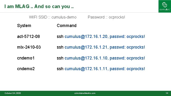 I am MLAG. . And so can you. . WIFI SSID : : cumulus-demo