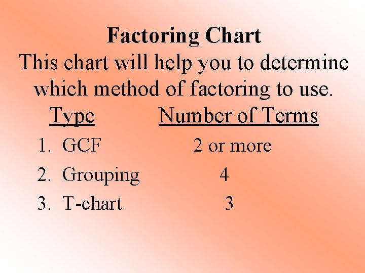 Factoring Chart This chart will help you to determine which method of factoring to