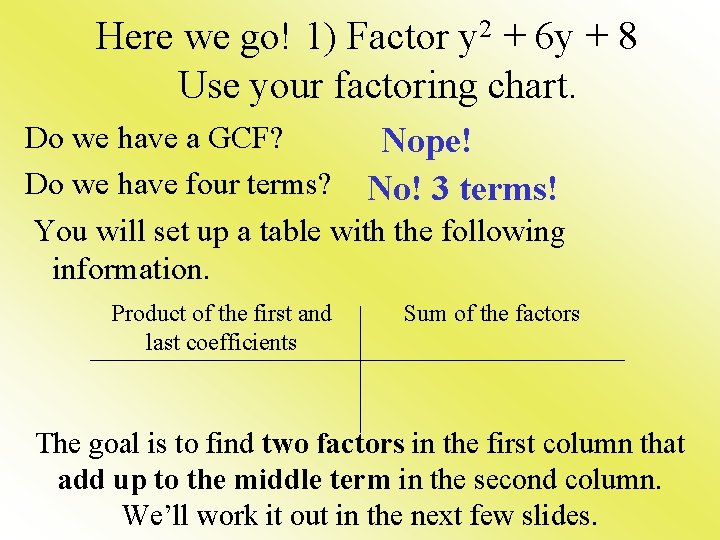  Here we go! 1) Factor y 2 + 6 y + 8 Use