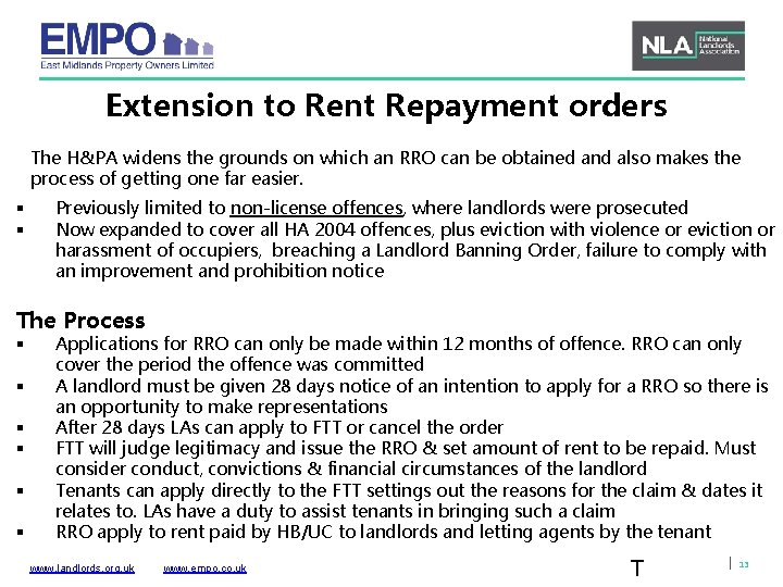 Extension to Rent Repayment orders The H&PA widens the grounds on which an RRO